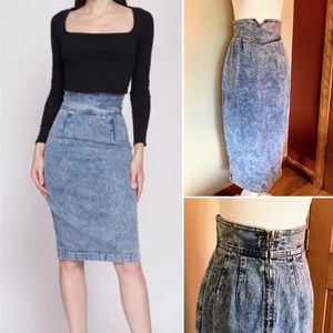 Vintage 80s Acid Wash Denim High Waisted Pencil Skirt Zena Made in USA Size XS